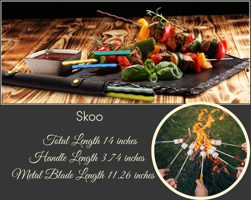 Skoo Barbecue Skewers Set - 7 Silicone Handled Stainless Steel BBQ Skewers + Silicone Storage Bag - 14" Flat Metal Shish Kebab Skewers for Grilling - Reusable Grill Kabob Skewer Sticks + Rollable Bag - Image 4